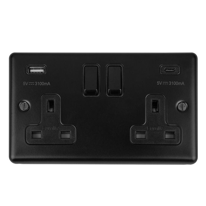 13Amp 2 Gang switched socket with 3.1Amp USB A+C