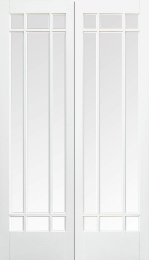 Manhattan White Primed Prehung Double Doors with Clear Glass