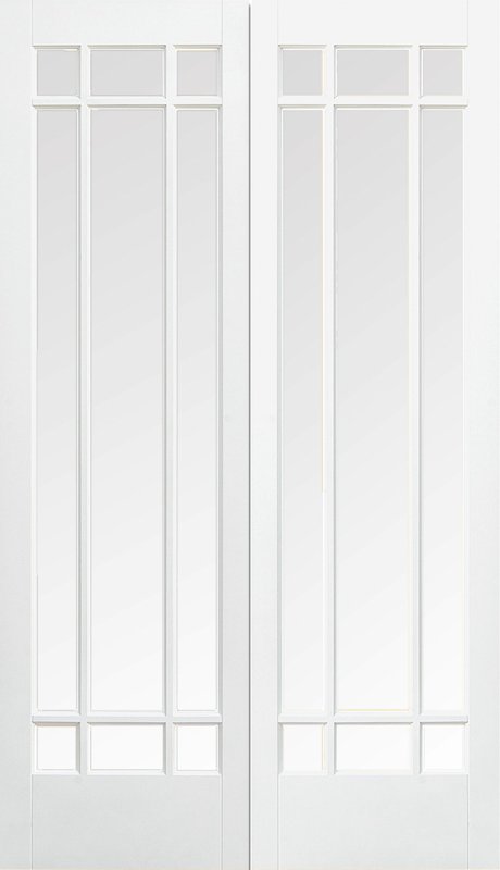 Manhattan White Primed Prehung Double Doors with Clear Glass